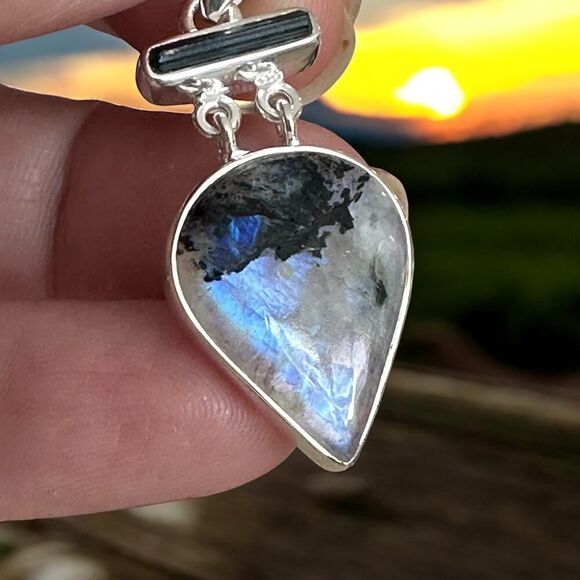 Natural Black Tourmaline In Rainbow Moonstone Sterling Silver Pendant - Picture 12 of 13